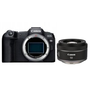 Canon EOS R8 + RF 50mm f/1.8 STM – widok frontowy w kolorze czarnym